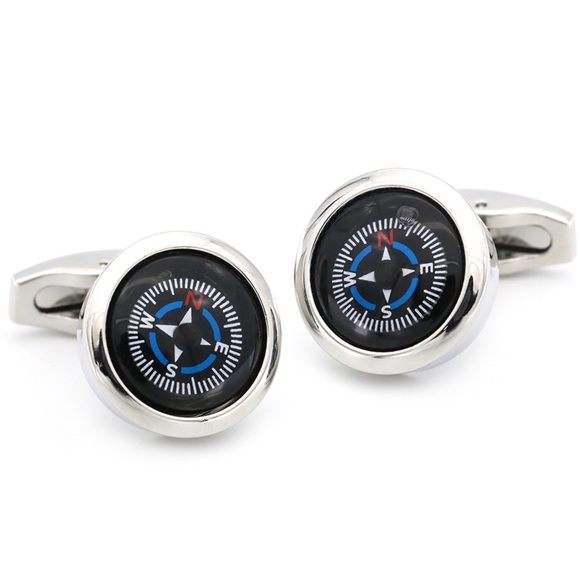 Unique Round Black and Blue Navigation Compass Silver Cufflinks - Picture 4 of 17